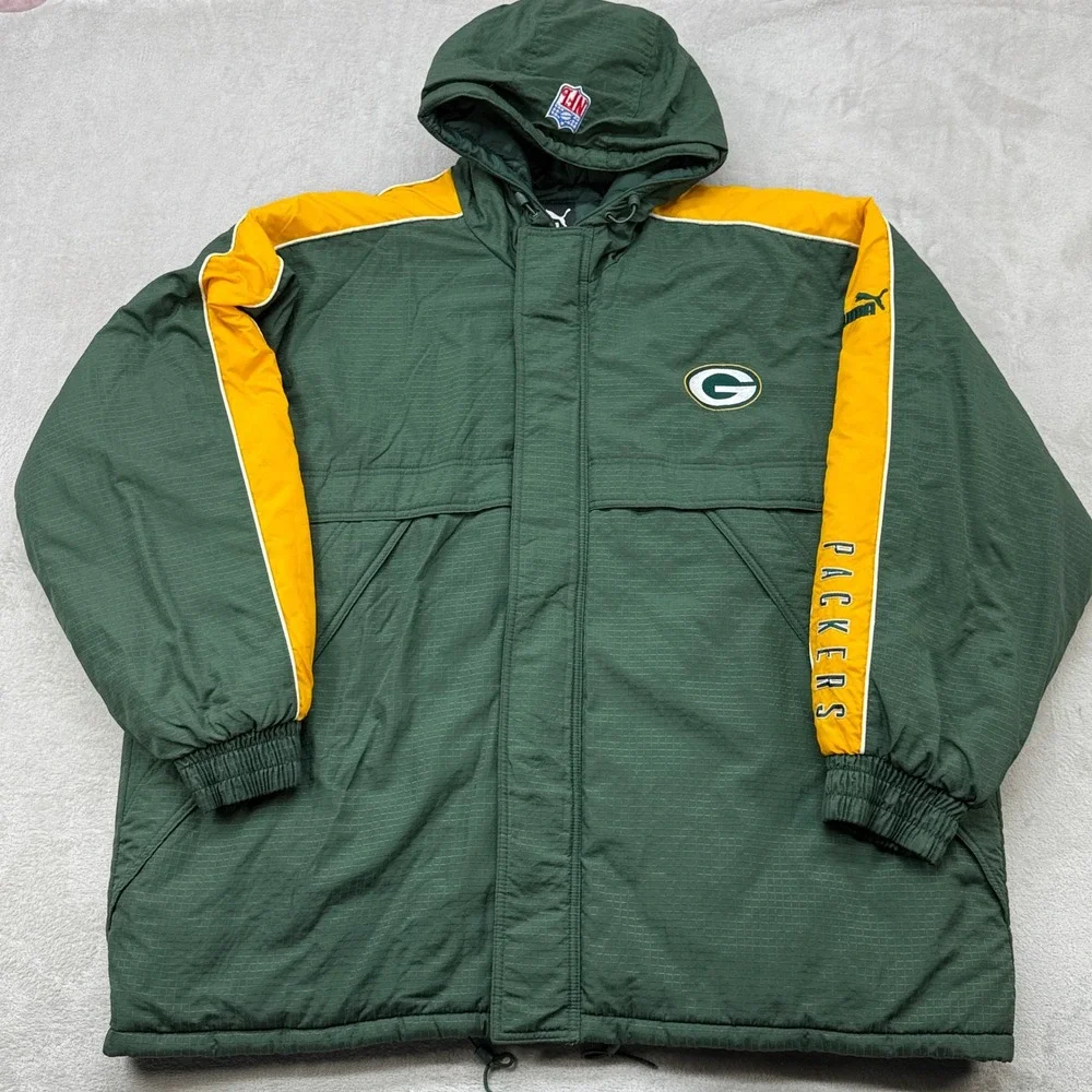 Vintage Green Bay Packers Jacket Mens 2XL Green Yellow Puma NFL Hooded Parka